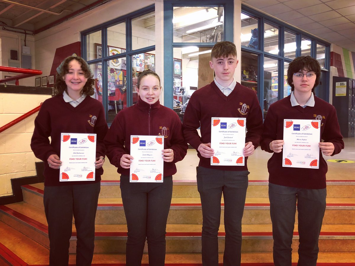 2nd Year Graphics students Isla Buchanan, Isabel Maguire, Jack Bustard and Maria Hughes pictured with their certificates received from the Royal Institute of Architects and the JCT for their recent entries to the Junior Cycle Graphics Competition 2023✨👏🏻💫#WeAreDonegalETB