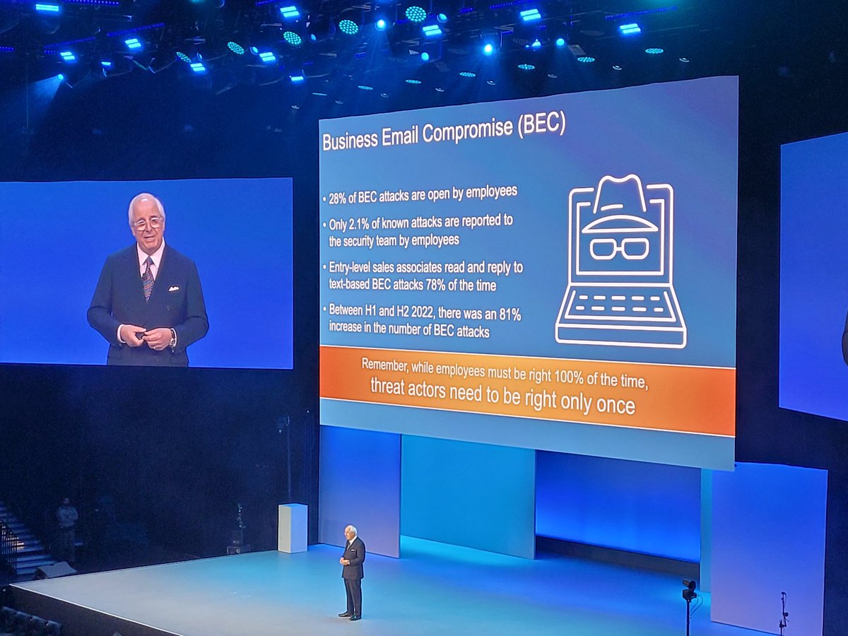 At #DellTechWorld plenary session - Key tidbits from <a href="/Abagnale_Frank/">Frank W. Abagnale</a>, of "Catch Me If You Can" fame: 1) Hackers don't cause breaches... people do.  2) Social Engineering can only be defeated by education. <a href="/DellTechPartner/">Dell Technologies Partners</a> #iwork4Dell