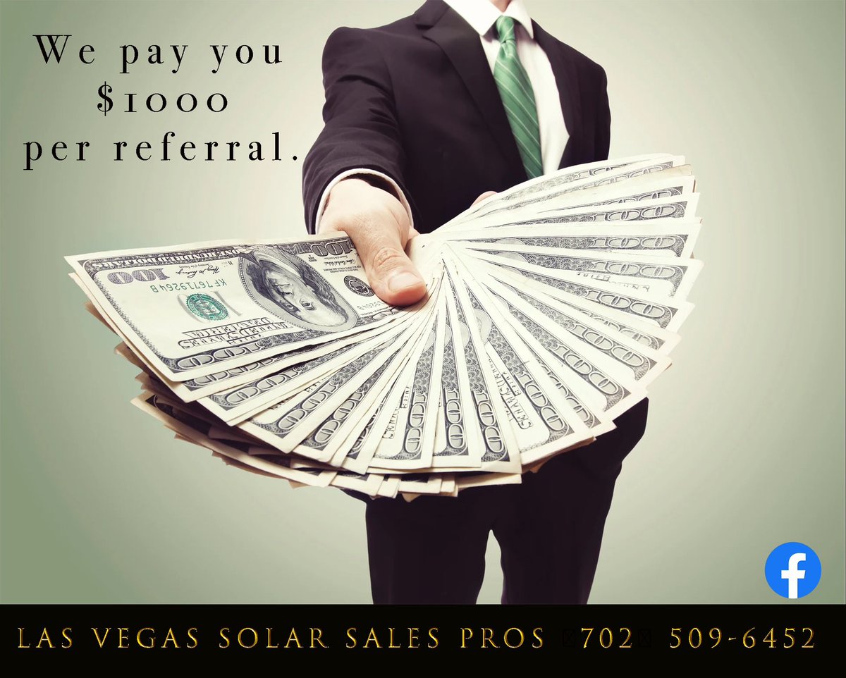 LAS VEGAS and SOUTHERN CALIFORNIA - don’t wait or hesitate to make $1000 (or more) per referral. Solar power is the future and the future is here. Call or text “SOLAR” to (702) 509-6452 to get started. #solarsales #solar #solarenergy #renewableenergy #lasvegas #solarpower #sales