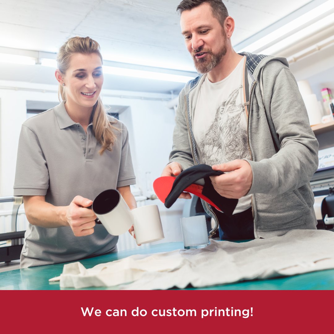 We can do your printing! Business cards, letterhead, envelopes, forms. Let us know what you’re looking for, and we’ll get you a quote. We can also get your personalized items – logos on pens, bags, cups, hats, all the things! We’d love to get you a quote on those, too!