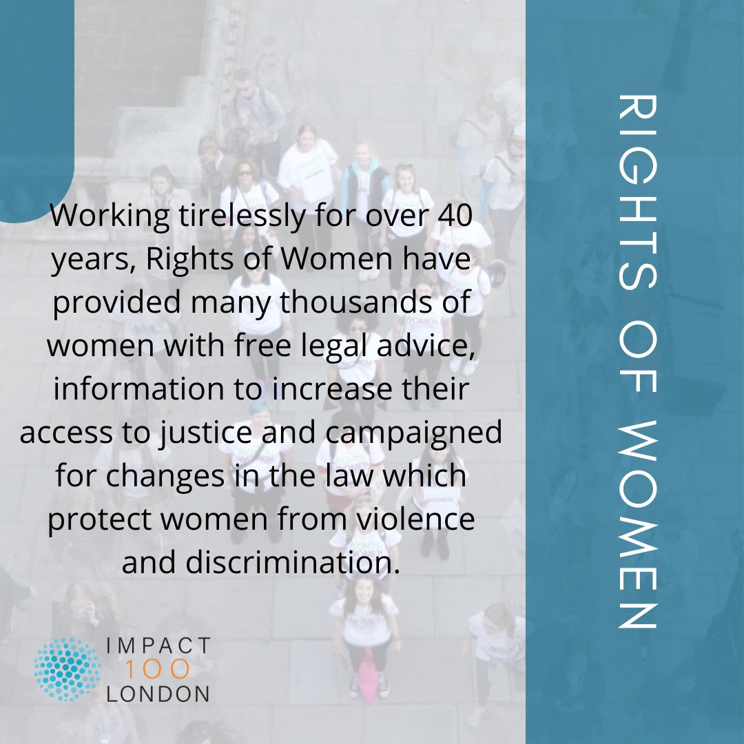 ImpactLondonCo's tweet image. The 2nd of our finalists is @rightsofwomen a charity dedicated to social justice &amp;amp; equality for women through their legal rights 

Formed 40 years ago in response to the 5th demand of the Women’s Liberation Movement for legal and financial independence for women 1/2

#impact100