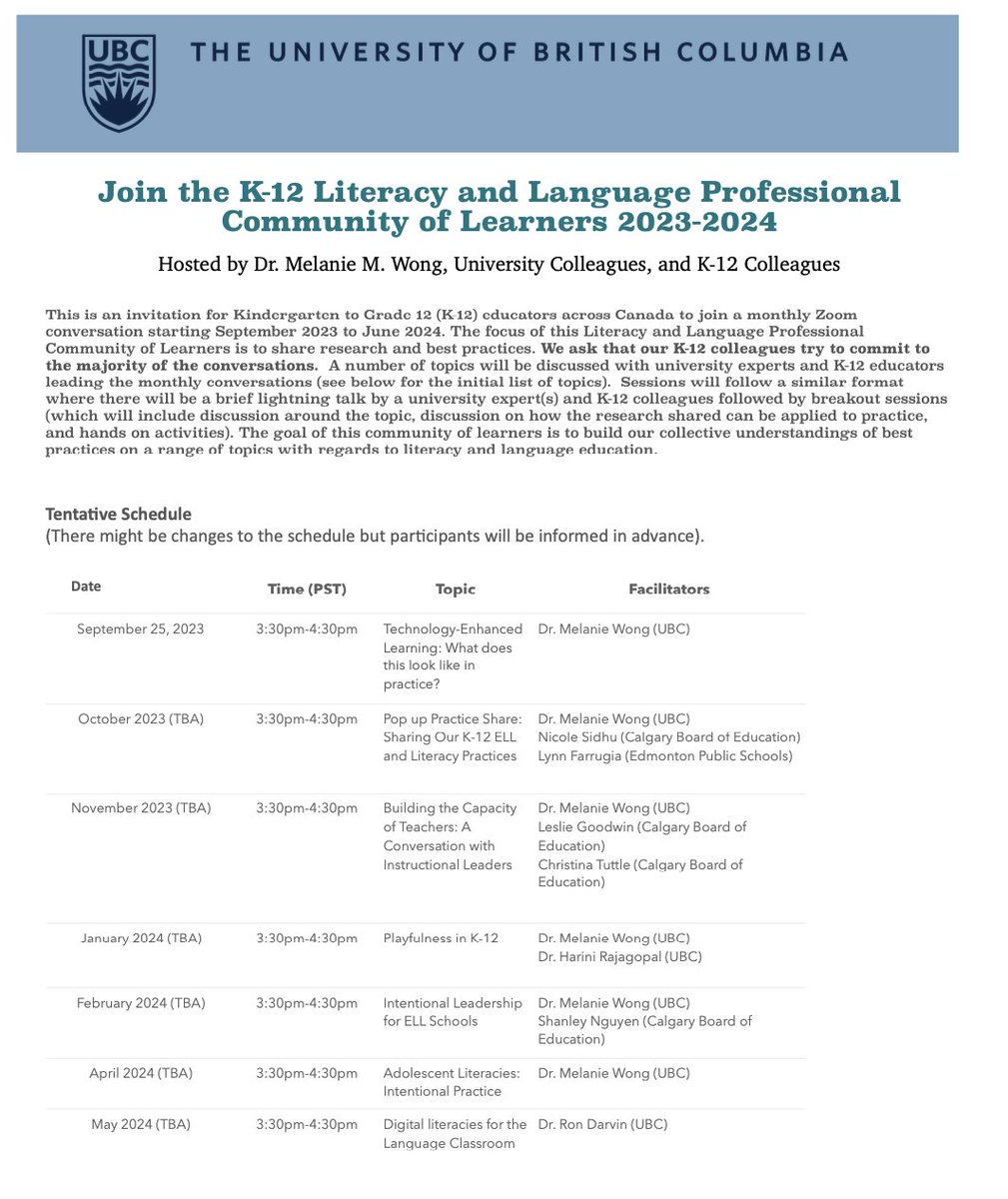 Join us for our continued virtual conversation in 2023/2024 at the #UBCK12CofLearners. We have an exciting list of speakers including K-12 instructional leaders and UBC Faculty. Sign up at the following link: lled.educ.ubc.ca/k12-literacy-a…
