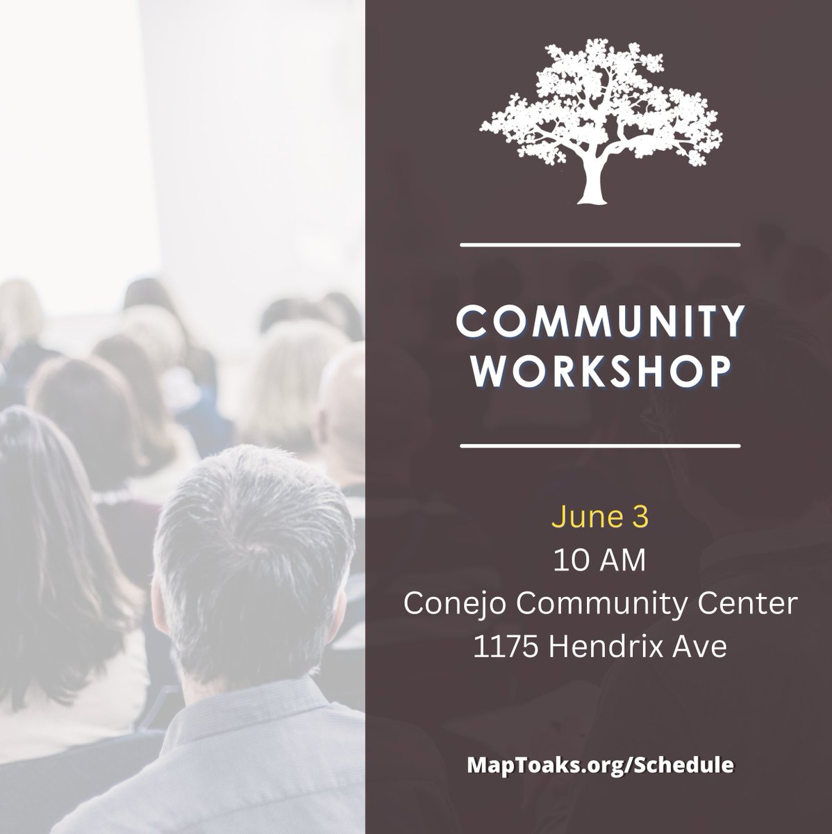 Get involved in the district formation process for the City of Thousand Oaks! The City is holding an in-person community workshop on Saturday, June 3, 2023, at 10 a.m. at Conejo Community Center.  For additional meeting details, visit maptoaks.org/Schedule