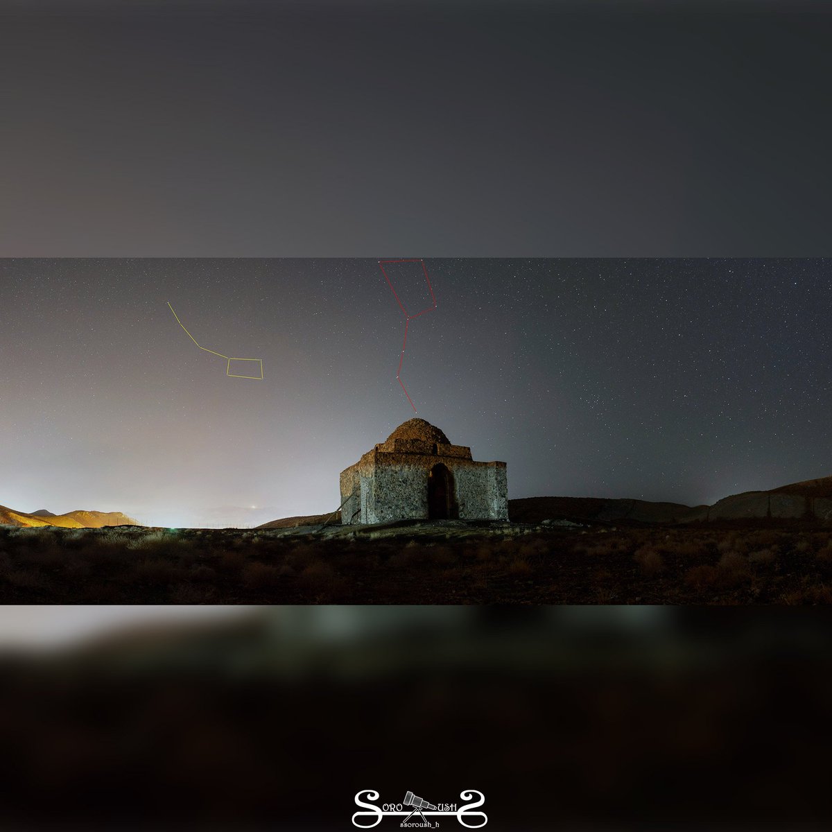 ssoroush_h's tweet image. Ursa major over Bazhur
 In the Baz ​​Hor between Torbat Heydarieh and Neishabur, there is probably a pre-Sasanian shrine.
 These four arches are located on a hill, and one of its characteristics is its stone dome, which is made of wood (turning a square into an octagon).