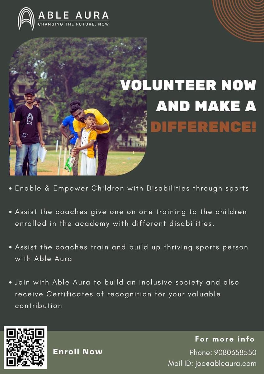 thisiszia's tweet photo. Join hands with @able_aura to enable Persons with Disabilities through Sports.Diligent Volunteers needed to assist every weekend at their Sports Academies in Chennai at-Chetpet,Tambaram, Ambattur, Thoraipakkam &amp;Santhome
Contact Joe-9080358550 

#AbleAura 
#AbleAuraAcademy https://t.co/7ee31ZAAuD