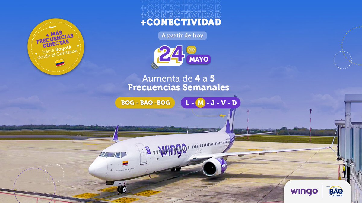 Aeropuertobaq_'s tweet photo. ¡Atención Viajeros! 📢 | A partir de hoy 24 de Mayo más vuelos hacia Bogotá ⛰️🇨🇴 con la aerolínea @wingo 💜 Aumentamos de 4 a 5 frecuencias semanales (Lunes, Miércoles, Jueves, Viernes y Domingo) #ElCortissozTeConecta ✨✈️ #MasVuelos #MasConectividad https://t.co/TvKd2hLlx8