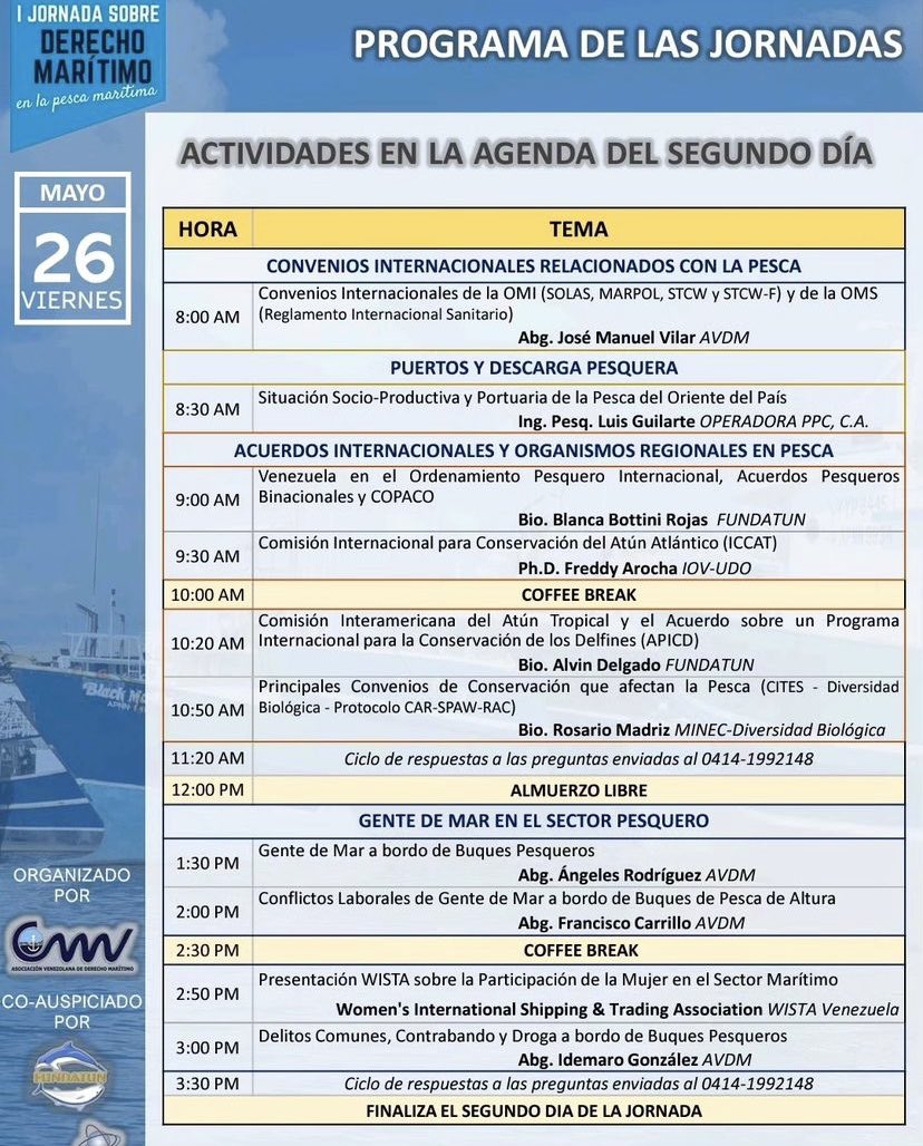 AVDM_CMI's tweet photo. Mañana 25 de mayo inicia la I Jornada sobre Derecho Marítimo en la Pesca Marítima organizada por la @AVDM_CMI y @fundatun en la ciudad de Cumaná ¡No te lo puedes perder! Para comprar tu entrada comunícate al: 04141992148 https://t.co/Yox7RZZMXR