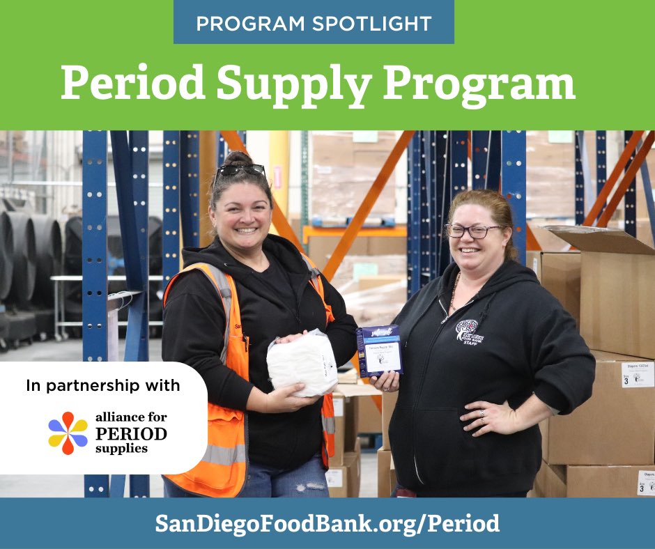 This #PeriodPovertyAwarenessWeek, we're spotlighting our Period Supply Program which was established to help provide a basic need to people living in poverty. To learn more about our program, visit sandiegofoodbank.org/programs/perio…. #EndPeriodPoverty #PeriodPovertyAwarenessWeek23 #GetHelp
