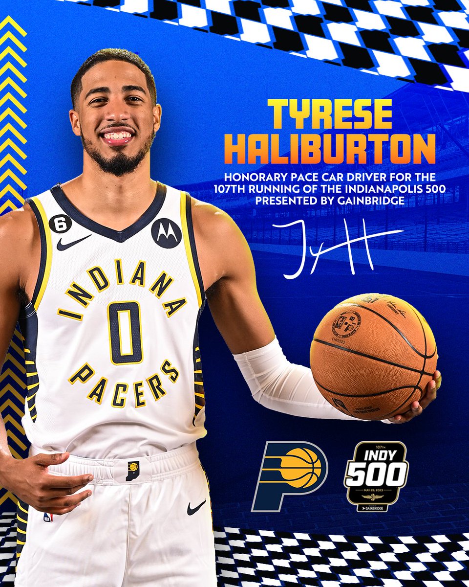Pacers's tweet photo. setting the pace.🏎️

Tyrese Haliburton will lead the field to green as the honorary pace car driver for the 107th running of the #Indy500. https://t.co/vx5BJr81V2