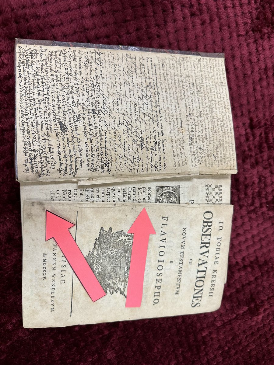 The next restoration project for SWBTS Libraries is the Johann Tobias Krebs’ writing “Observationes in Novum Testamentum e Flavio Josepho” from 1755. This is a New Testament interpretation title. swbts.searchmobius.org/record=b115001… Urgent concern is the black mold in the lower arrowed spot.