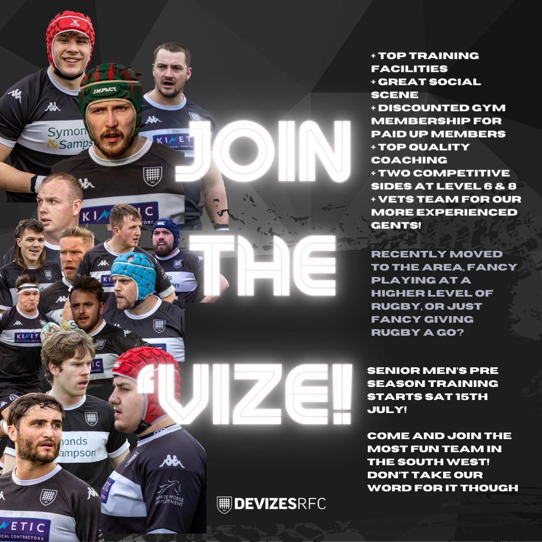 JOIN THE ‘VIZE!

Devizes RFC are recruiting players for the new season! 

Pre season training will commence from Saturday 15th July (more to come on that 🔜)

Moved to the area recently or fancy playing at a higher level than where you are currently? Then get in touch!

⚫️⚪️⚫️