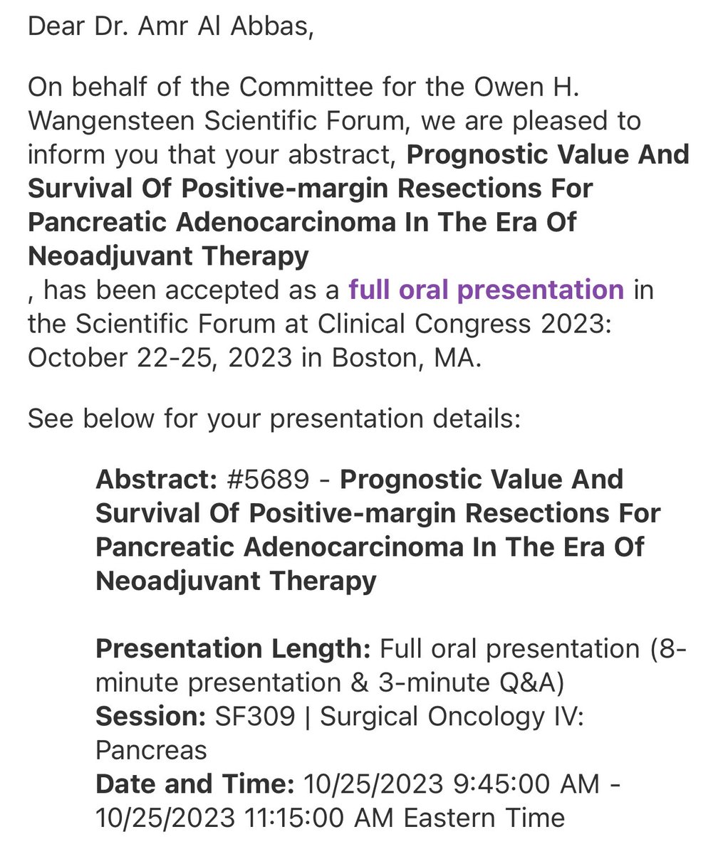Excited for the opportunity to give two full oral presentations on our work on Pancreas Cancer and @surgicalsafety ORBB at ACS come October 2023! 

Thanks to @herbert_zeh @PatricioPolanc0 @RPDumasMD and @UTSW_Surgery @UTSWSurgeryLife for their support and mentorship!