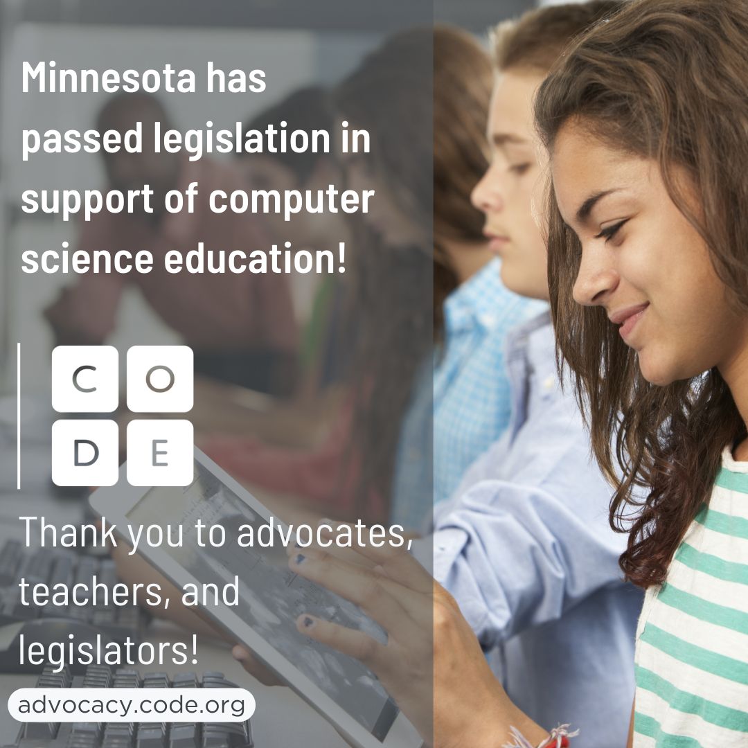 Minnesota passed its first computer science legislation! It'll create a state plan, plus fund teacher training and a full-time position at the Dept. of Ed. Thank you to advocates invested in this work, esp @CSforAllMN, @mntechassoc, @SciMathMN, and our amazing sponsor, @LizLeeMN!