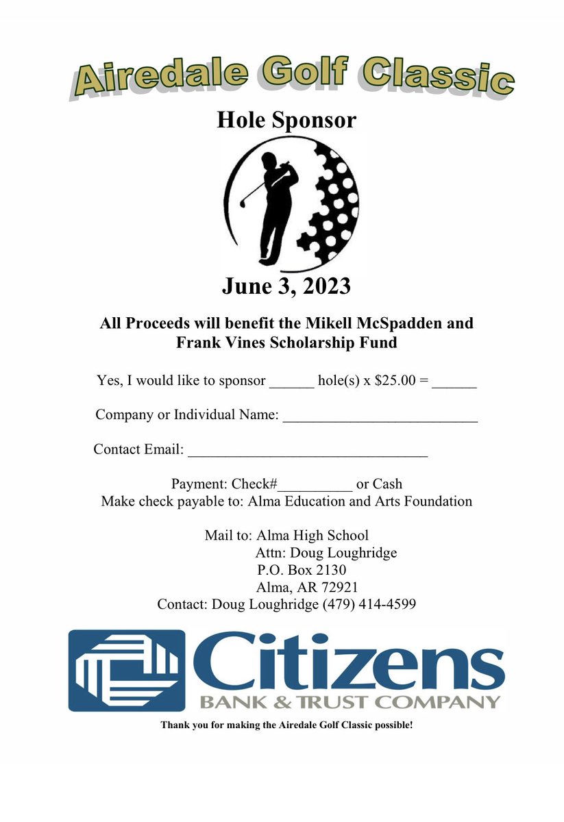 We’re just 10 days away from the 2023 Citizens Bank Airedale Golf Classic! The tournament is full but it’s never too late to become a hole sponsor! 

All proceeds benefit the Mikell McSpadden/Frank Vines Scholarship Fund!