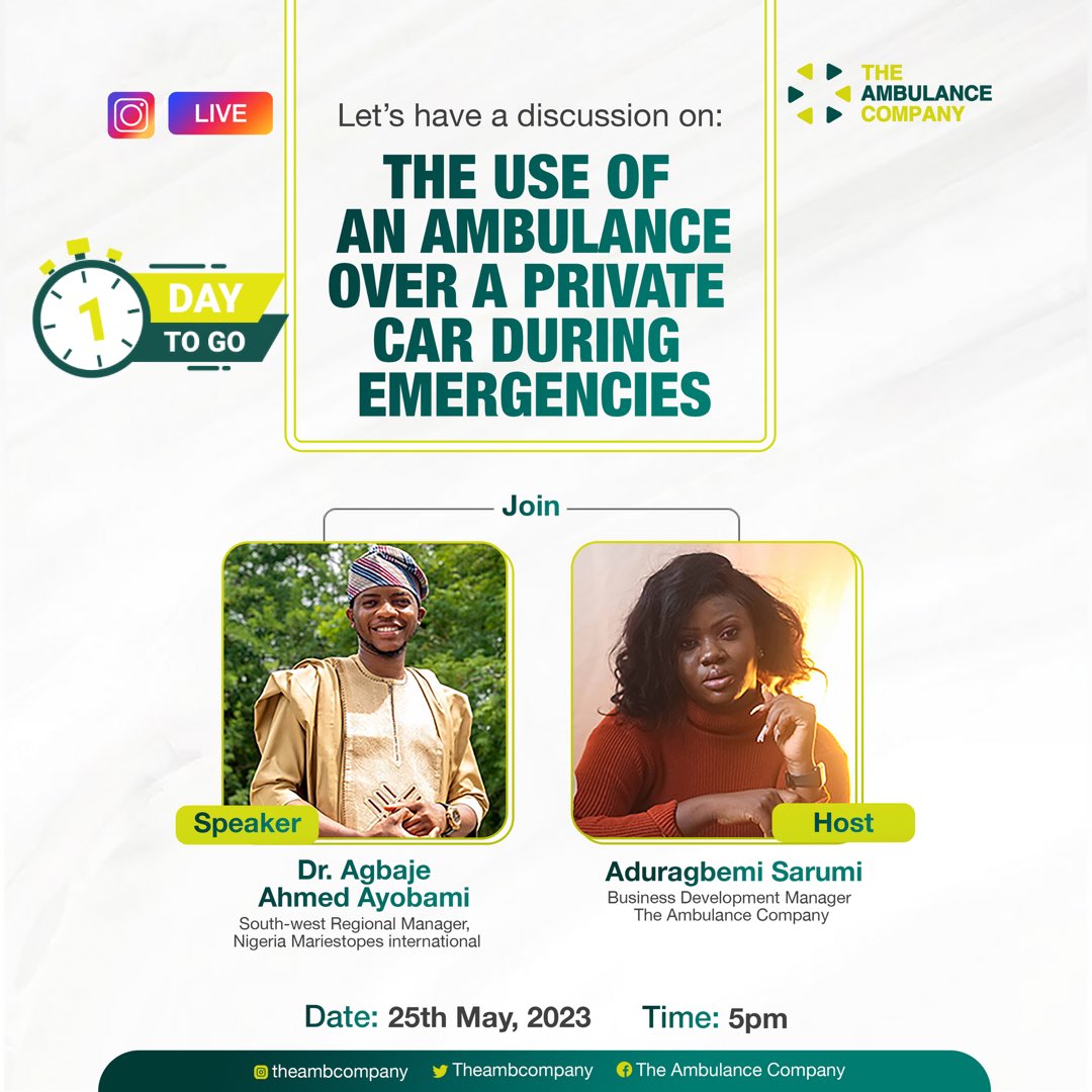 Theambcompany's tweet photo. Turn on your notification🔔, our live session is coming up tomorrow by 5pm.

Get your questions ready and join the conversation. Let's learn and connect!

#letsconnect #firstaidcare #ambulanceservice #emergencypreparedness #instagramlive #ambco https://t.co/M2mwCtWaCd