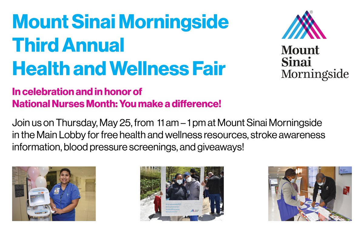 Please join us tomorrow, Thursday, May 25, for the Third Annual Health and Wellness Fair from 11 am – 1 pm in the Main Lobby at Mount Sinai Morningside on 419 W. 114 Street. This is open to both staff and community members of all ages, so we hope to see you there!
