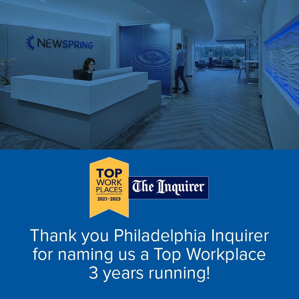 NewSpring is pleased to announce we have been named a #TopWorkplace by The Philadelphia Inquirer for the third consecutive year. #topworkplaces #privateequity #workplaceculture