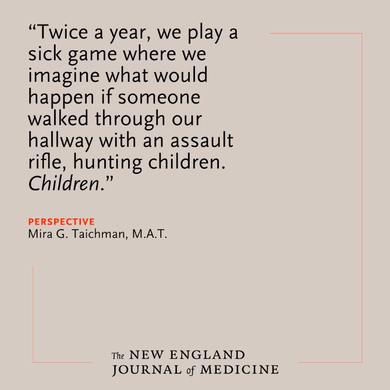 NEJM's tweet photo. Is rehearsing school shootings the best way to protect U.S. children? What if there are better ways? When did we decide to accept a reality where teachers and students have to ask these questions at all? https://t.co/rkf2zAS7f9

#GunViolence