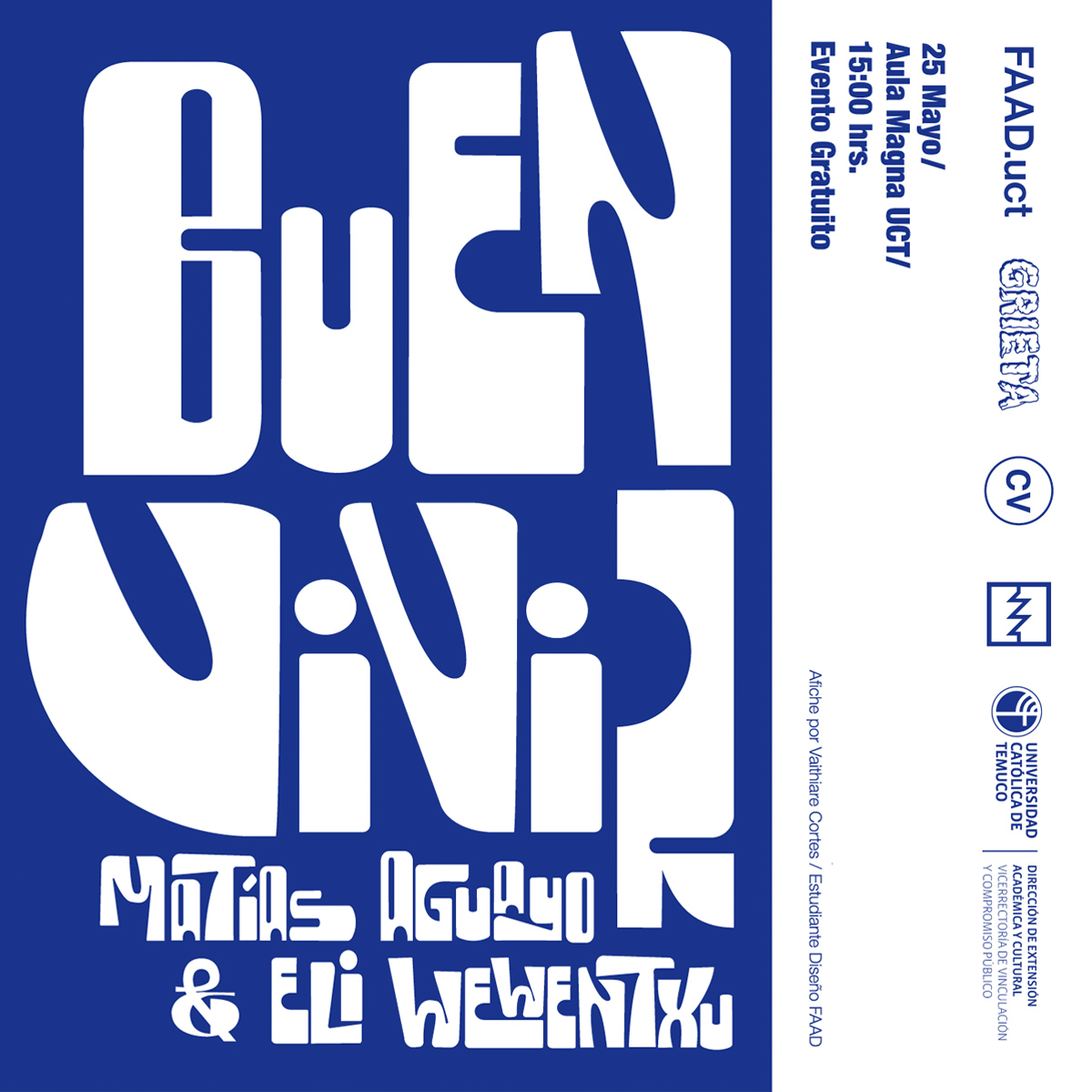 *Buen Vivir: Improvisación y conversatorio*

Les invitamos este jueves 25 de mayo a una #Sesión / #Improvisación y #Conversatorio con el reconocido #DJ chileno Matías Aguayo y Eli Wewentxu, artista multidisciplinar mapuche.
Jueves 25 de Mayo
15:00 hrs
#aulamagnauct
#temuco #uct