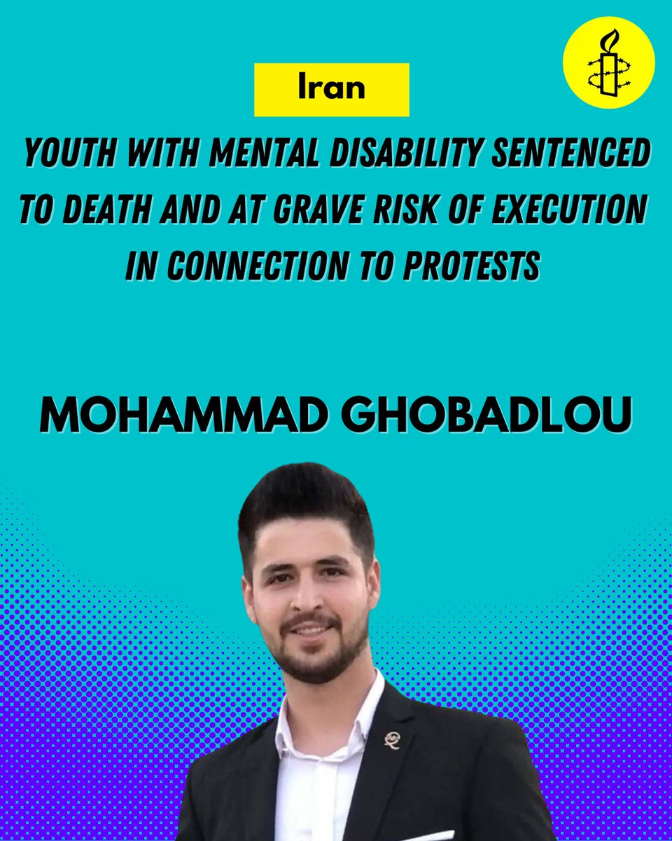AmnestyIran's tweet photo. Mohammad Ghobadlou is at risk of execution in Iran after the Supreme Court upheld one of his convictions & death sentences imposed following an unfair sham trial marred by torture-tainted “confessions” & failure to order rigorous mental health assessments. https://t.co/1RUun0QMcY https://t.co/KmnA6lb3E4