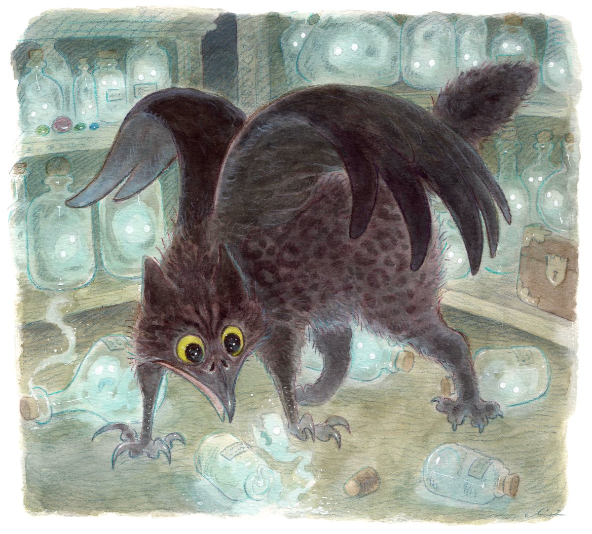 Listen, if you didn’t want him getting into your spirit jar collection, you shouldn’t have made it so shiny.
#griffon #illustration