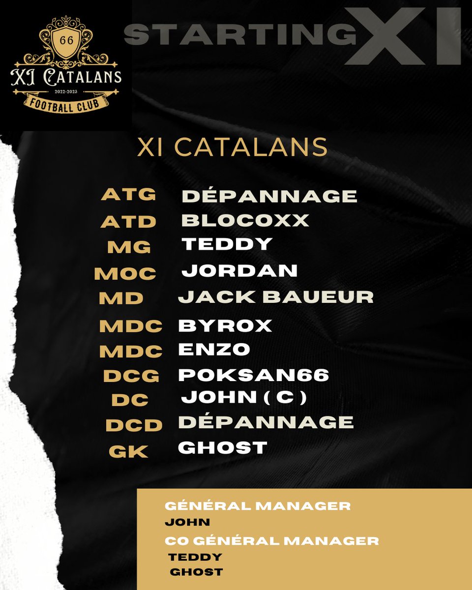 Bonsoir à tous,  les 🎽 XI Catalans 🎽 retenus ce soir, pour nos rencontres 
@Hulk_Champions
<a href="/TGP_Events_/">TGP EVENTS</a>
#FIFA23 
#eSports 
#11vs11
#PS4
#clubpro