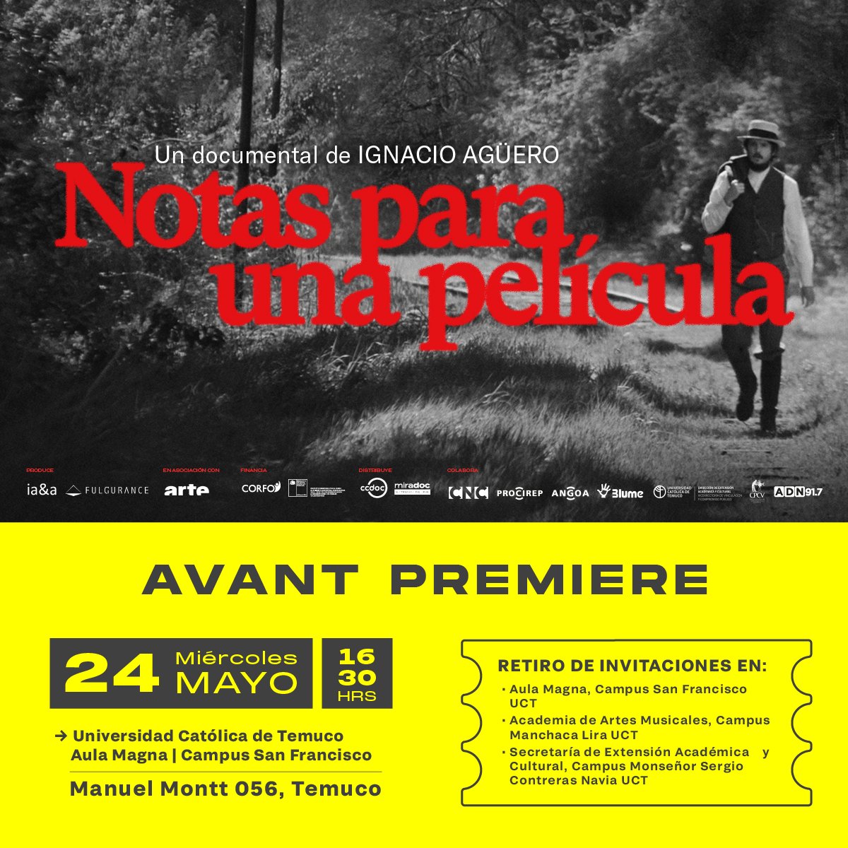 🎟️ ¿𝗗𝗼́𝗻𝗱𝗲 𝗽𝘂𝗲𝗱𝗲𝗻 𝘀𝗲𝗿 𝗿𝗲𝘁𝗶𝗿𝗮𝗱𝗮𝘀 𝗹𝗮𝘀 𝗶𝗻𝘃𝗶𝘁𝗮𝗰𝗶𝗼𝗻𝗲𝘀?🎟️ 
📍 Aula Magna, Campus San Francisco.
📍 Academia de Artes Musicales, Campus Menchaca Lira.
📍 Secretaría de Extensión Académica y Cultural, Campus Monseñor Sergio Contreras Navia.
#temuco