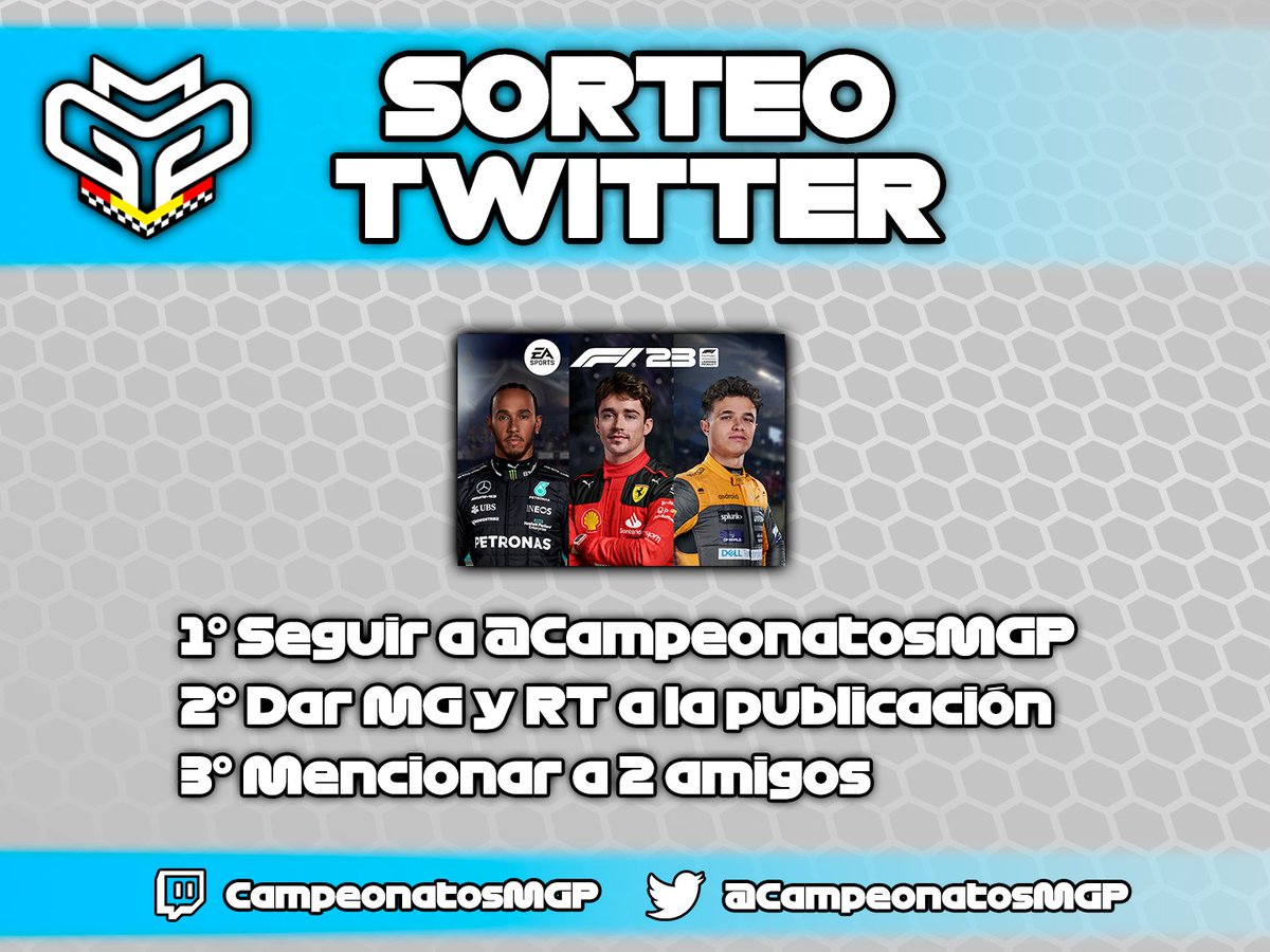 🎁💙 SORTEO #F123 TWITTER 💙🎁 📨 REQUISITOS: - Seguir a @CampeonatosMGP - Dar ❤️ y 🔄 al tweet - Mencionar a dos amigos 👥 🏁 El sorteo finaliza el próximo día 17 de Junio, al finalizar el directo se dará el ganador. 🍀 ¡MUCHA SUERTE!