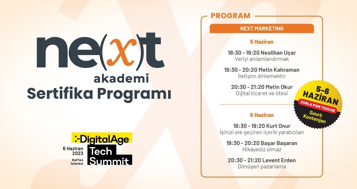 Next Akademi 5-6 Haziran tarihlerinde DigitalAge Tech Summit kapsamında Zorlu PSM Touche'de! 

👉🏽Detaylı bilgi ve kayıt için: digitalagesummit.com/online-bilet/ adresini ziyaret edebilirsiniz.