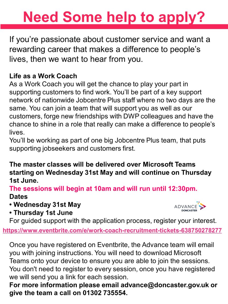 DWP is recruiting Executive Officers and  is encouraging applications from customer focussed people across South Yorkshire. If you or somebody you know would be interested in applying, we are partnering with Advance Doncaster to support you through the process. #AdvanceDoncaster
