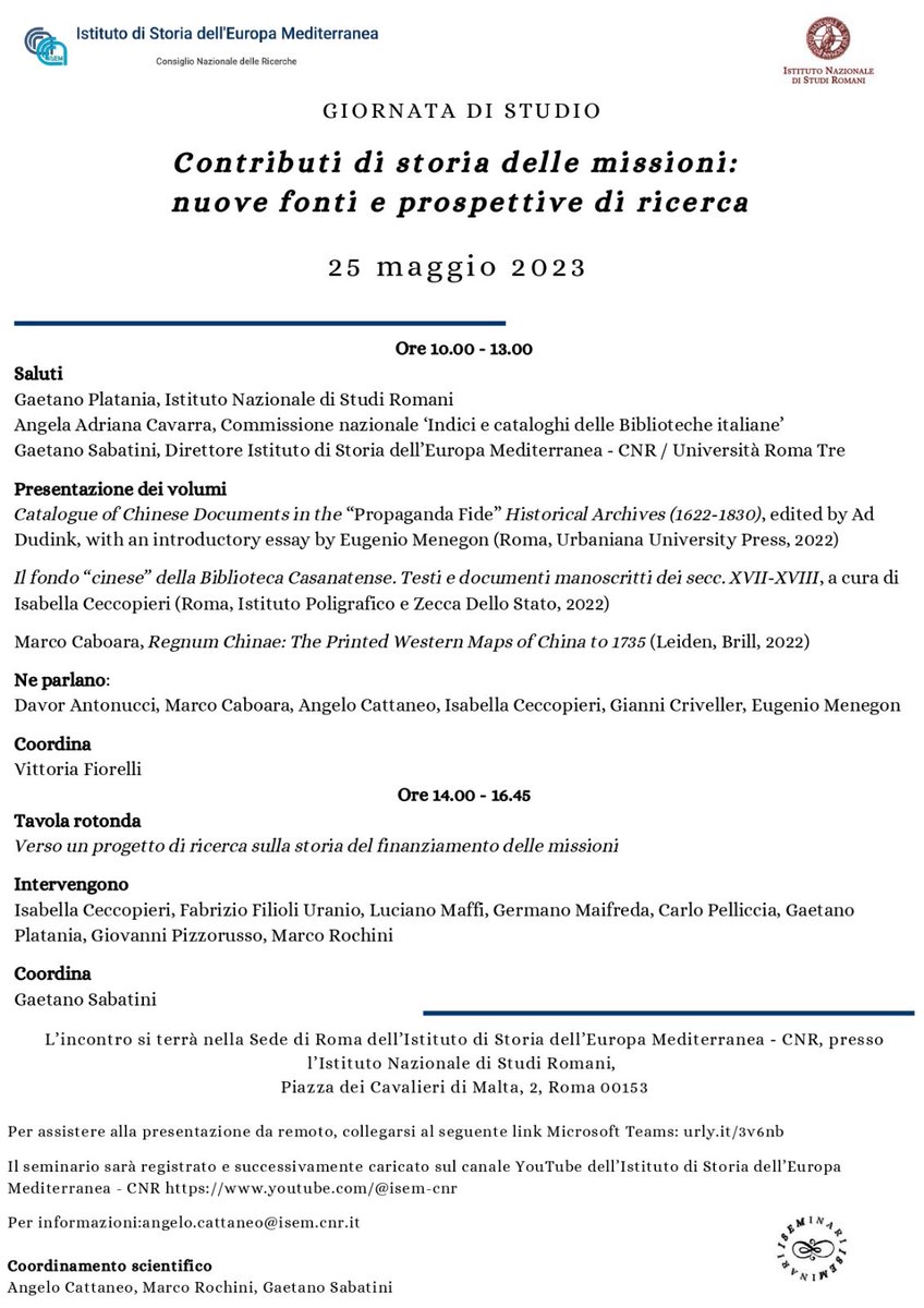 Giornata di studio sulle fonti archivistiche romane per la storia della missione in Cina, con valenti colleghi e studiosi