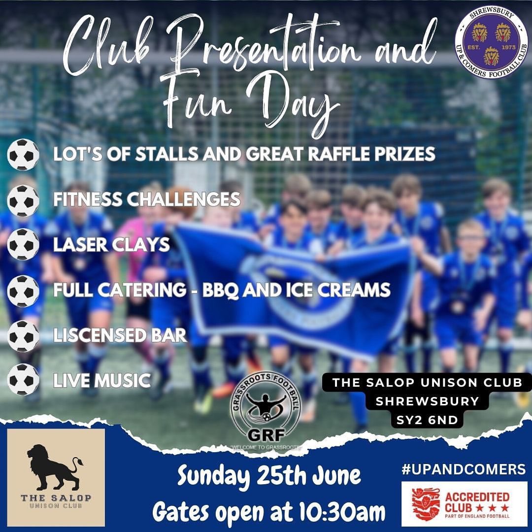 ‼️ CLUB PRESENTATION &amp; FUN DAY ‼️

A day for everyone to come and celebrate the 2022/23 season! 

📆 Sunday 25th June 
⏰ 10:30 - All Day
📍 Salop Unison Club
⚽️ Games/ Challenges &amp; More
🎵 Live Music

A fun packed day for all to enjoy! 😁
 
 #upandcomers #grassroots #funday