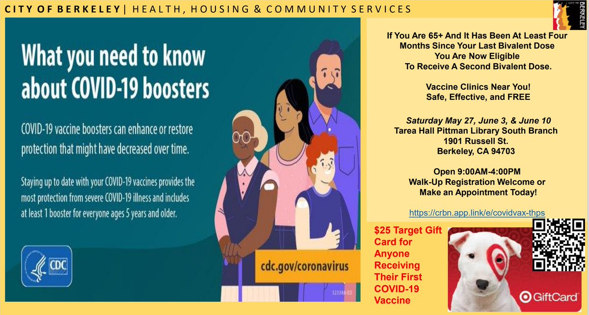 For more information and registration, click on the link below
crbn.app.link/e/covidvax-thps

Presented by the City of Berkeley Health, Housing and Community Services.

#BoosterShot #CityofBerkeley #publichealth # #BivalentBooster