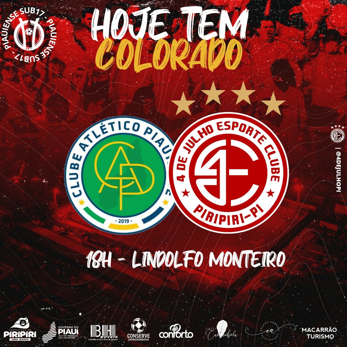 HOJE TEM COLORADO! 🔥🇦🇹

O Colorado entra em campo hoje, às 18h, no Lindolfo Monteiro pela segunda rodada do Piauiense Sub17. Vai Pra Cima Deles Quatrooo! 🇦🇹🔥