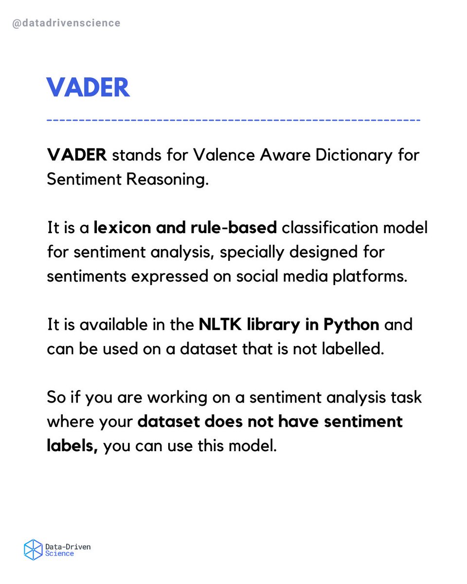 DrivenScience's tweet photo. "Diving deep into #SentimentAnalysis in #MachineLearning! 🚀 Really impressed with VADER's nuanced understanding of social media language &amp; Naive Bayes' efficiency with large datasets. Fascinating how these tools unveil the emotions hidden in text. #DataScience #NLP #AI" https://t.co/BuGRcYeFIs