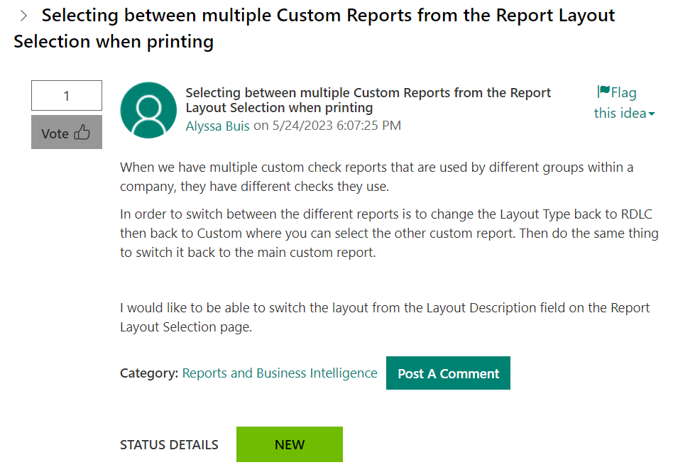 Just submitted a new idea for switching between multiple custom reports for a single report ID. Please go vote! #dynamics365bc 
experience.dynamics.com/ideas/idea/?id…