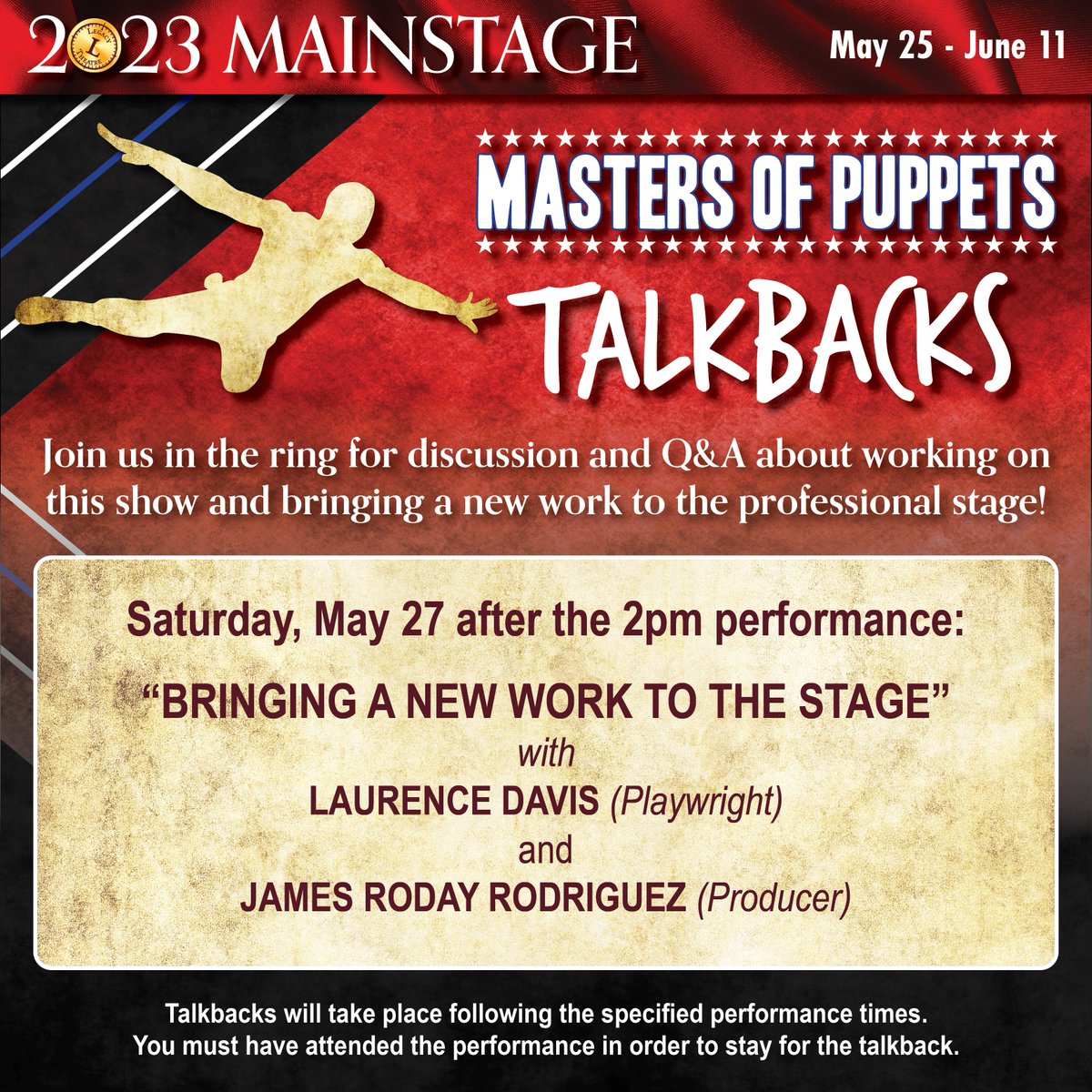 LegacyTheatreCT's tweet photo. Join us after a performance of MASTERS OF PUPPETS for one of our talkbacks! Talkbacks will feature company members, including James Roday Rodriguez, Kurt Fuller, Amanda Detmer, and more! For more information on the talkbacks, please visit our website: https://t.co/BhDC9kZT4v https://t.co/Ua7n7uK0tg