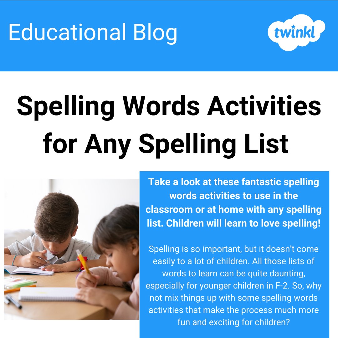 Take a look at these fantastic #spelling words activities to use in the classroom or at home with any spelling list. Children will learn to love spelling! twinkl.com.au/l/erf9h #twinklaustralia #spellingbee #teachertwitter #edutwitter #educhat