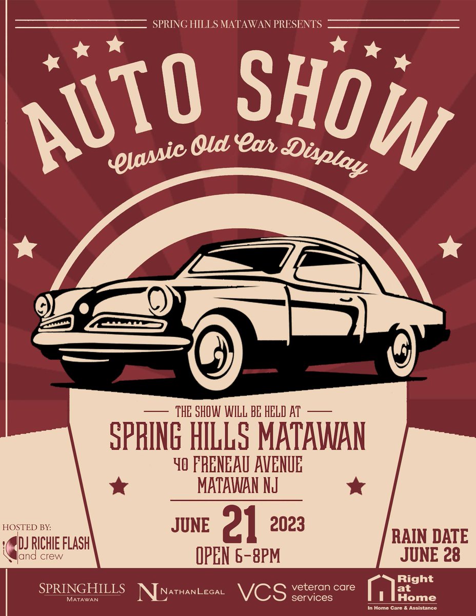 Right at Home of CNJ is proud to sponsor the Classic Old Car Show on 6/21 at Spring Hills Senior Communities of Matawan. Come for music & the culinary expertise of a famous Rich Pacesa & Richard Pacesa, Sr. barbecue! 

We hope to see you there!

#rightathomeofcnj #classiccarshow