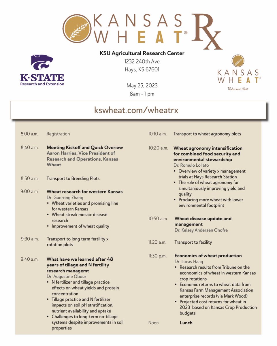 KSUWheat's tweet photo. Join us tomorrow 5/25 at 9 am for the first #wheatrx field day in Hays KS! This is a collaboration among @KStateRE @KStateAgron and the @KansasWheat and we will showcase breeding, fertility, agronomic, disease and economic aspects of growing high yield high quality #wheat https://t.co/rhK7KtW9p4