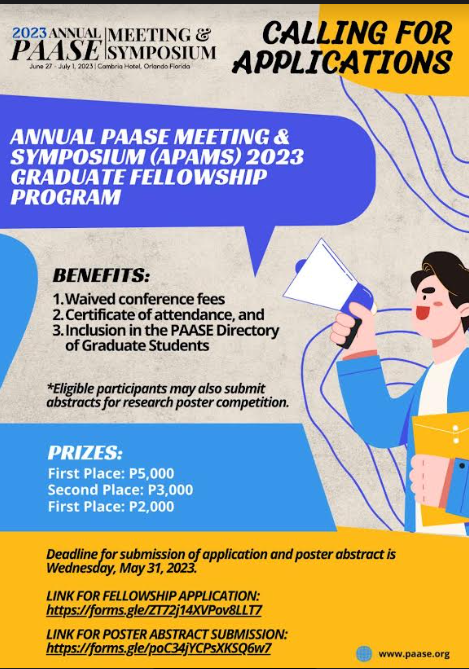 gradmap_ph's tweet image. CALL FOR APPLICATIONS: Annual PAASE Meeting &amp;amp; Symposium (APAMS) 2023 Graduate Fellowship Program 🇺🇸🇵🇭

Sign up for
Fellowship program:
forms.gle/ZT72j14XVPov8L…
Poster abstract submission:
forms.gle/poC34jYCPsXKSQ…

📅 Deadline: May 31, 2023
#pinoyscientists #sciencePH
