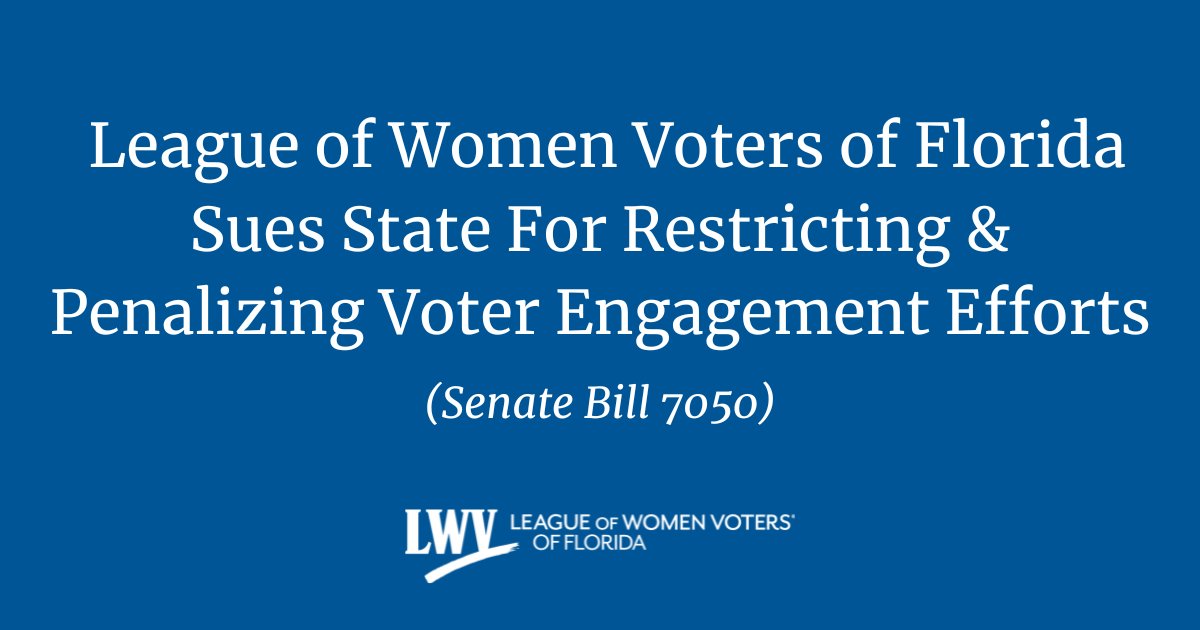 LWV of Florida (@lwvflorida) on Twitter photo Minutes after being signed into law, the League of Women Voters of Florida, represented by <a href="/CampaignLegal/">Campaign Legal Center</a>, has filed suit against Florida’s omnibus election law that would restrict and penalize basic nonpartisan civic engagement efforts.
➡️ Press release: bit.ly/3WuKDS8 Minutes after being signed into law, the League of Women Voters of Florida, represented by <a href="/CampaignLegal/">Campaign Legal Center</a>, has filed suit against Florida’s omnibus election law that would restrict and penalize basic nonpartisan civic engagement efforts.
➡️ Press release: bit.ly/3WuKDS8