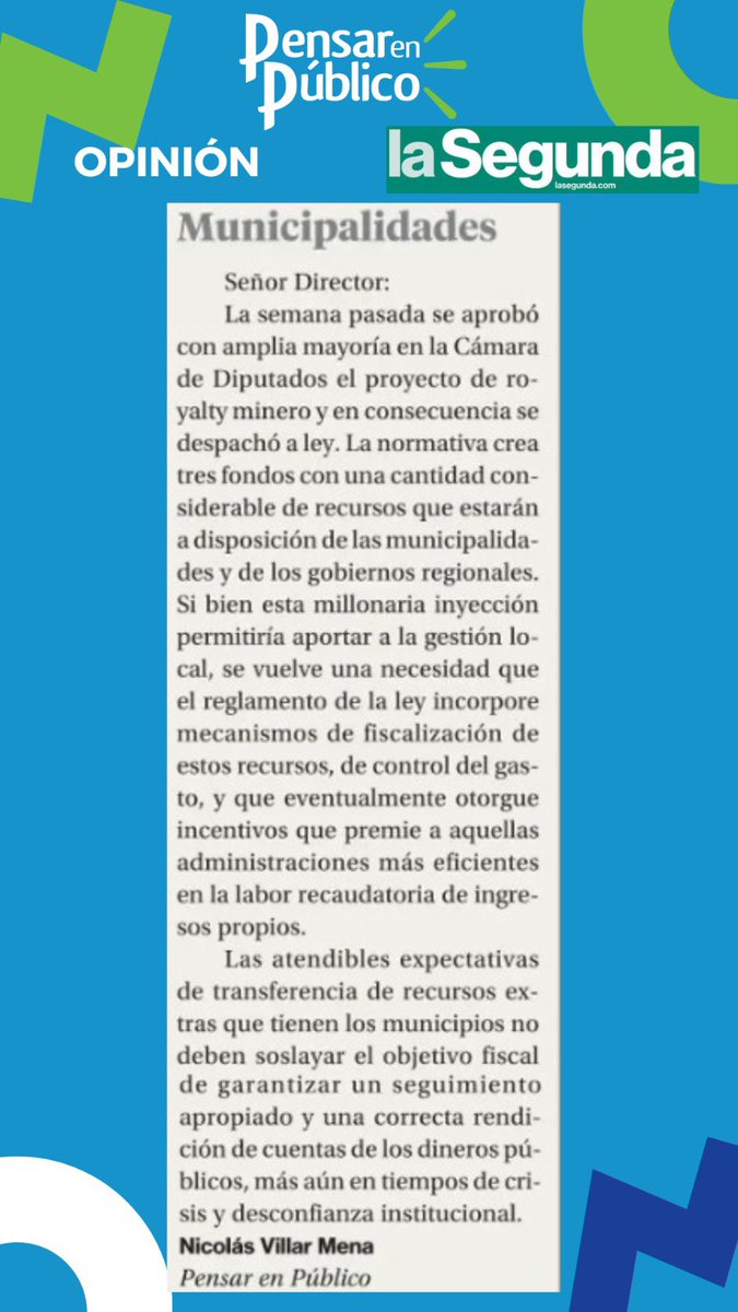 #CartaAlDirector 📮| Compartimos con ustedes carta de uno de nuestros directores @NicolasVillarM @PensarenPublico en el diario @La_Segunda titulada “Municipalidades”🙌🏻🟢🔵⚪️