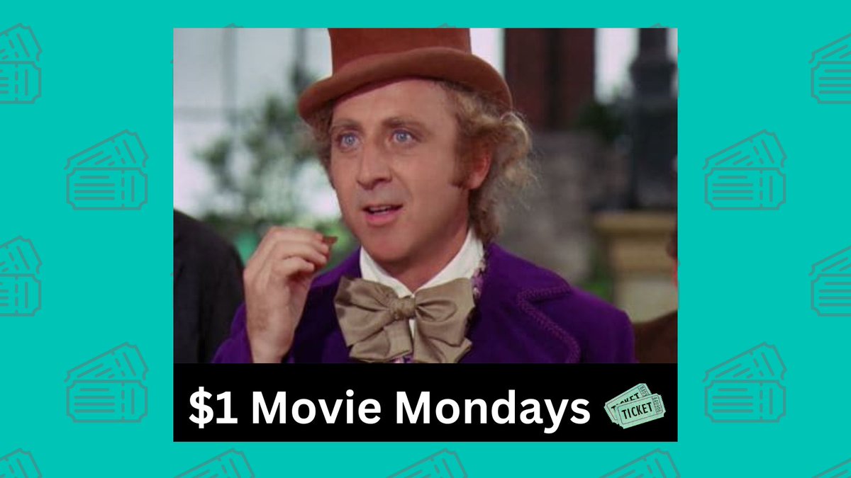 "...a world of pure imagination." ~Willy Wonka 

#MovieMondays alert! Join us on May 29 for Willy Wonka &amp; the Chocolate Factory! Doors open at 6:15 pm &amp; the show starts at 7 pm—$1 cash only at the door. Snacks &amp; drinks are available for purchase. bit.ly/3Zd2bmw #movies
