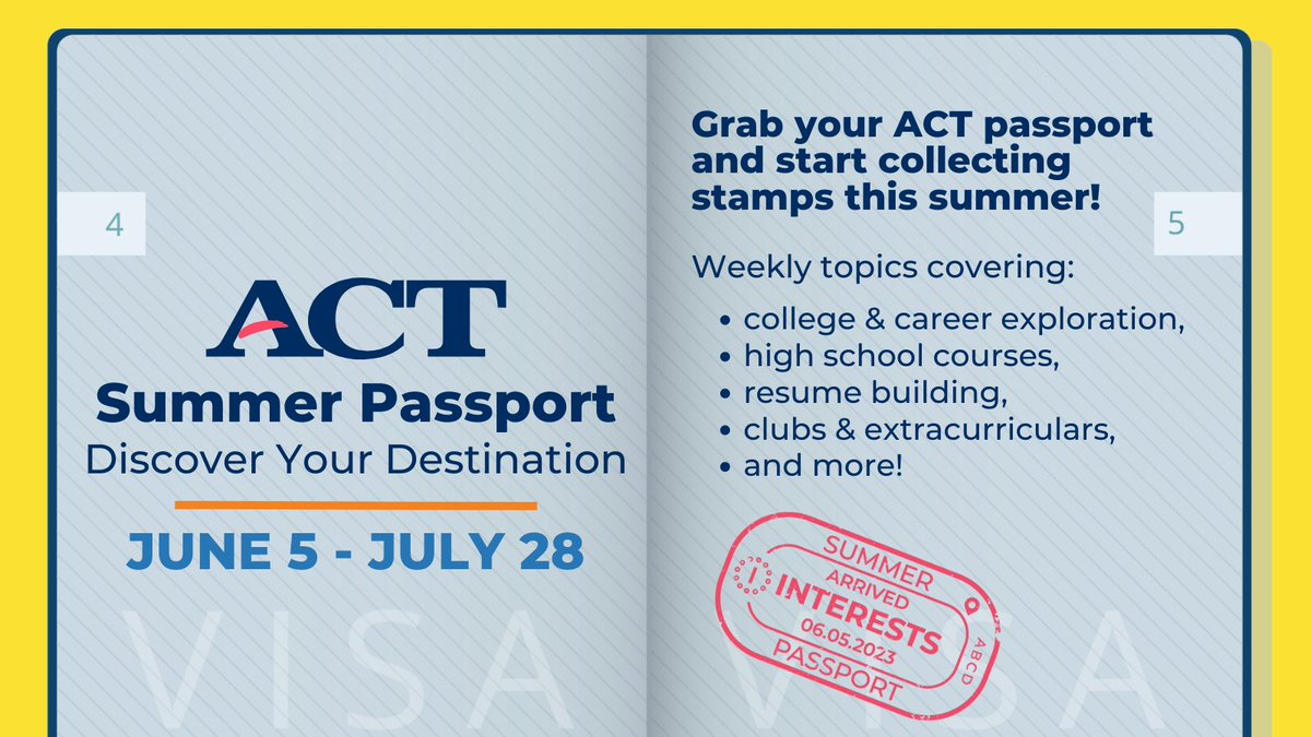 Let us guide you through resources that will help you connect your interests to careers and college majors, discover new possibilities, and compare pathways available after high school. The #ACTSummerPassport fun starts June 5 right here!

Learn more: bit.ly/437eGBO