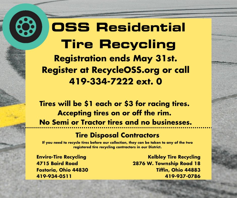Aim2BGreen's tweet photo. Registration is still open for the residential tire collection for residents of Ottawa Sandusky and Seneca County including all of Bellevue and Fostoria.
https://t.co/nHctTDid3V 

Funding for this program was provided in part by a grant from the Ohio EPA. https://t.co/QcSDrsKKTD