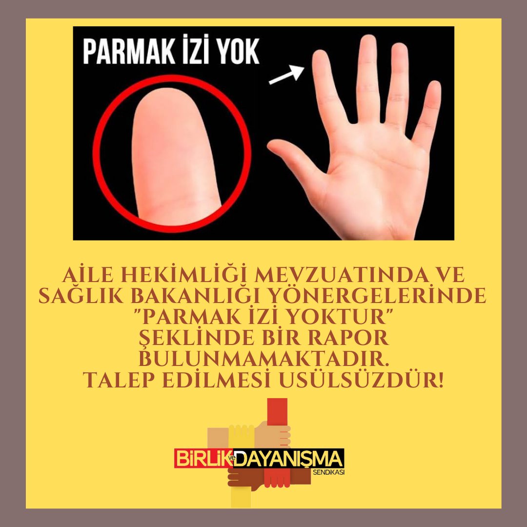 dayanismasen's tweet photo. Son günlerde Aile Hekimlerine Saglık Bakanlıgı'nın Sağlık Raporları Usül Ve Esasları Hakkında Yönergesinde adı geçmeyen,hiçbir bilimsel mevzuat dayanagı olmayan "PARMAK İZİ YOKTUR/SİLİNMİŞTİR/ALINAMIYOR" şeklindeki rapor talepleri gelmektedir. 
Adli tabipliğin yetkinlik ve yetkisinde olan bir bilirkişi işleminin "Vatandaş mağdur olmasın"  mantığıyla Aile Hekimlerinden talep edilmesi, Aile Hekimlerini başvuranlarla karşı karşıya getirip şiddet riskini arttıran ve Aile Hekimlerini hukuki olarak zor duruma düşürme riski taşıyan bir durumdur.
Bu şekilde bir raporun Aile Hekimliğinden talep edilmesi ve düzenlenmesi usülsüz ve yanlıştır.