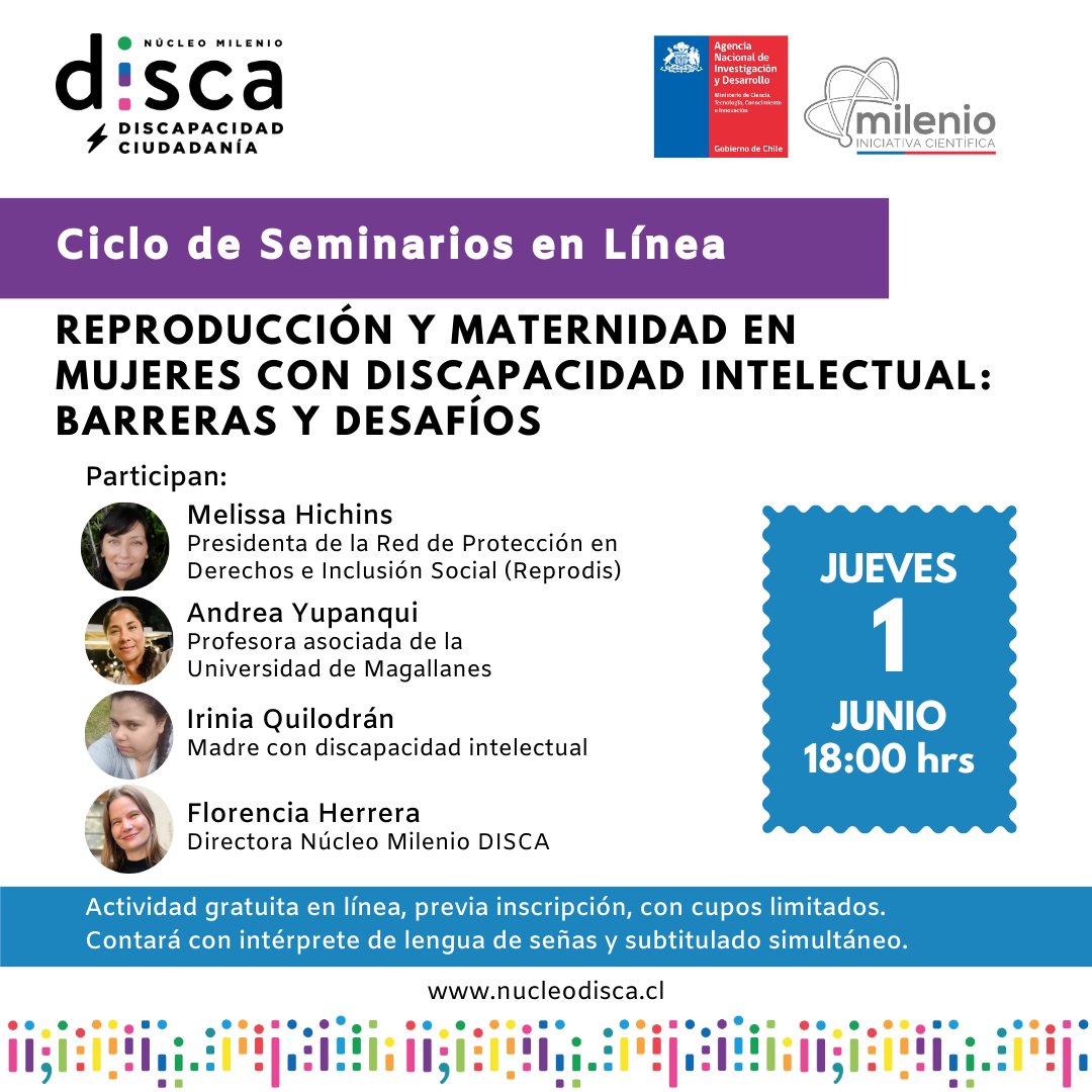 🟢 Les invitamos a un nuevo seminario en línea: Reproducción y maternidad en mujeres con discapacidad intelectual: barreras y desafíos.
Acompáñanos el próximo jueves el jueves 1 de junio, a las 18:00 horas, por Zoom. 
Inscríbete en forms.gle/LDNNzWv7CppBGq….