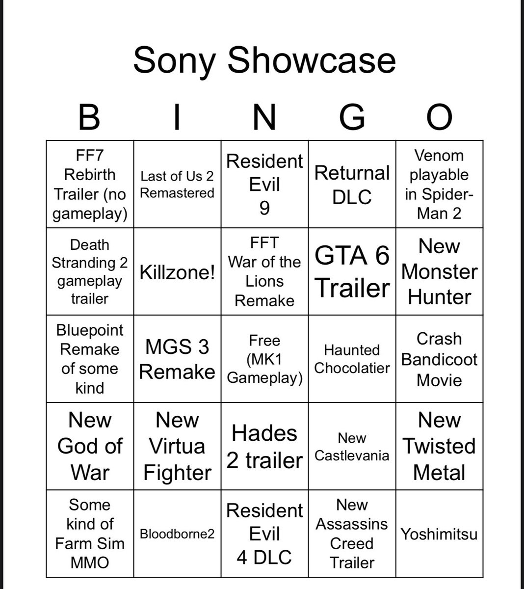 10XPcast's tweet image. Sony showcase bingo. I’m playing against my nasty brother. He’s gonna owe me so much lunch. 

#SonyShowCase #sony #PlaysationShowcase #PlayStationShowcase
