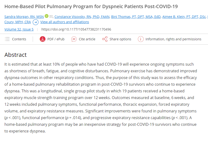 USF School of Physical Therapy & Rehab Sciences (@usf_spt_rs) on Twitter photo Dr. Thomas and Dr. Klein recently had an article published in collaboration with colleagues from the <a href="/USFHealthNurse/">USF Health Nursing</a>. The article is titled "Home-Based Pilot Pulmonary Program for Dyspneic Patients Post-COVID-19."
To view the article visit: journals.sagepub.com/.../3NHQJHNCVZ… Dr. Thomas and Dr. Klein recently had an article published in collaboration with colleagues from the <a href="/USFHealthNurse/">USF Health Nursing</a>. The article is titled "Home-Based Pilot Pulmonary Program for Dyspneic Patients Post-COVID-19."
To view the article visit: journals.sagepub.com/.../3NHQJHNCVZ…
